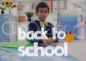 Back to school text against office kid boy holding folders background