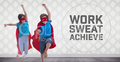 Superhero kids in room jumping with Work Sweat and Achieve text