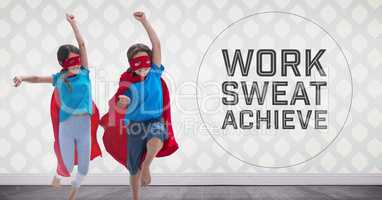 Superhero kids in room jumping with Work Sweat and Achieve text
