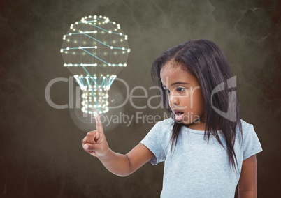 Girl touching flare glow with green background and light bulb interface