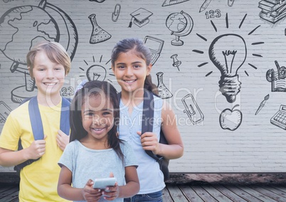 Kids in front of blank wall with education graphics