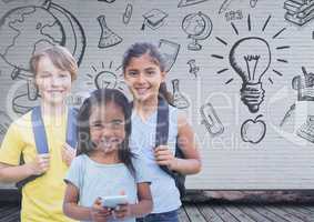 Kids in front of blank wall with education graphics