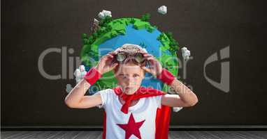 Superhero boy in front of planet earth world with blackboard background