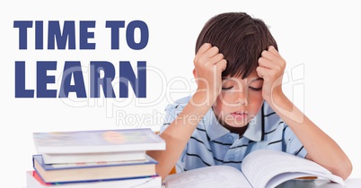 Education and time to learn text and frustrated boy reading a book