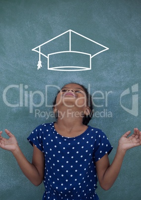 Happy office kid girl looking up against green background with graduation cap icon