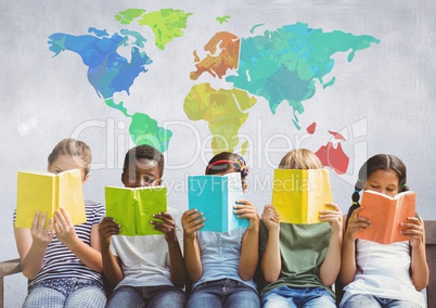 Group of children sitting and reading in front of colorful world map