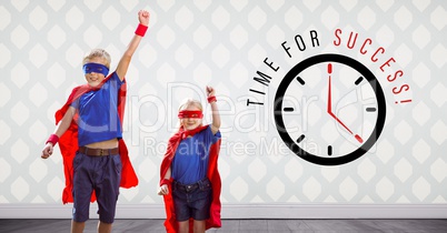 Superhero kids jumping  in room with time for success clock graphic