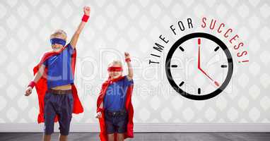 Superhero kids jumping  in room with time for success clock graphic