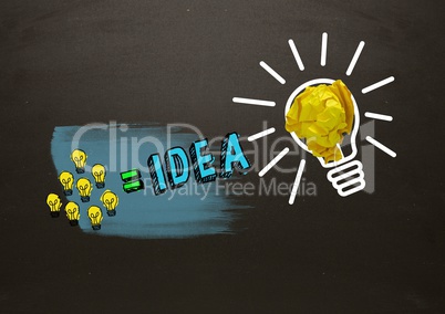 Many little lightbulbs equals idea and big light bulb with crumpled paper with blackboard