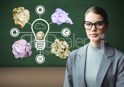 Woman standing next to light bulb with crumpled paper balls in front of blackboard