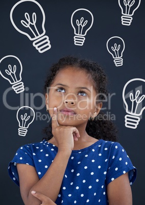 Office kid girl thinking against blue background with bulbs icons