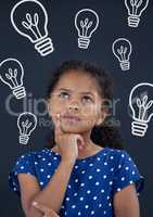 Office kid girl thinking against blue background with bulbs icons