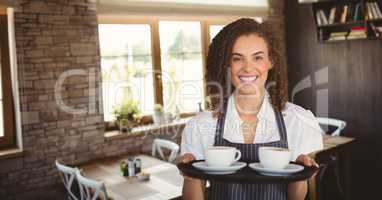 Happy small business owner woman holding two coffees