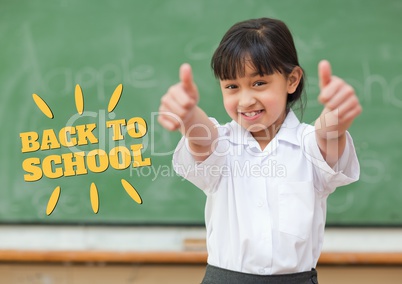 Education and back to school text and happy girl standing at a class