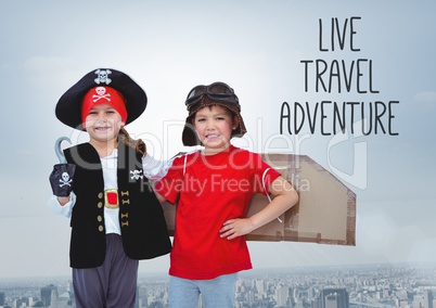 Live travel adventure text with Kids in pirate and pilot costumes over city