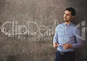 Confused business man standing against grey wall background with city icons