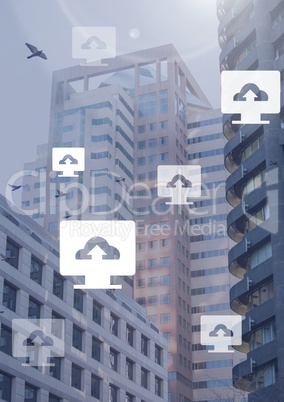 Computer cloud upload icons in city