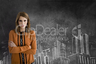 Business woman standing against grey background with city icons