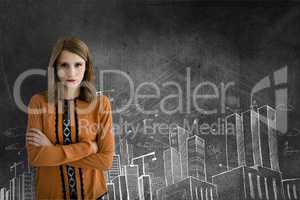 Business woman standing against grey background with city icons