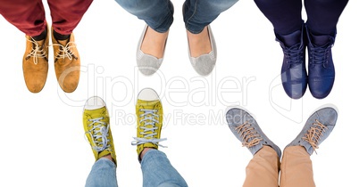 Different colored feet and shoes on blank background