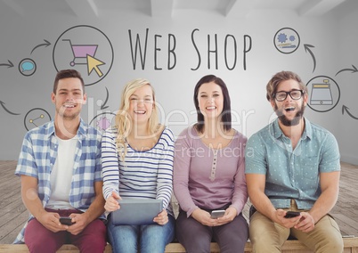 Group of people sitting with devices in front of web shop graphics