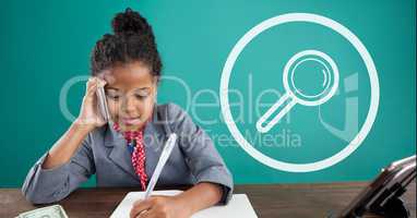Office kid girl talking on the phone with magnifying glasses icon against green background