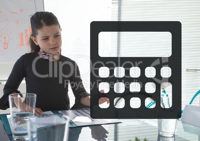 Calculator icon against office kid girl background