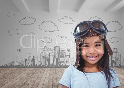 Cute pilot girl with blank room background and city plane in sky graphics