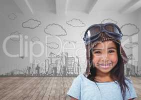 Cute pilot girl with blank room background and city plane in sky graphics