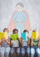 Group of children reading books in front of superhero drawing