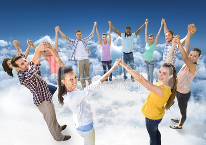 Circle of people on clouds in sky