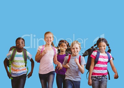 Running kids with blank blue background
