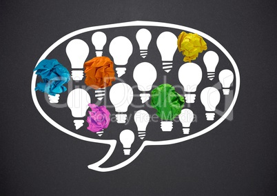 light bulbs chat bubble with crumpled paper balls in front of blackboard