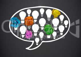 light bulbs chat bubble with crumpled paper balls in front of blackboard