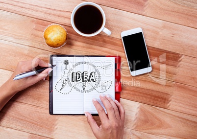 Idea graphics  text written on page with coffee and phone