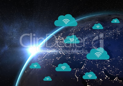 Planet earth with icons of clouds and wifi