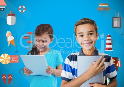 kids holding papers with blank blue background and colorful holiday  icons graphics