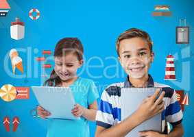kids holding papers with blank blue background and colorful holiday  icons graphics