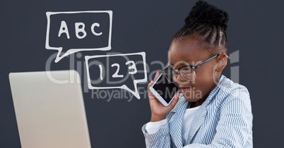 Office kid girl talking on the phone against blue background with education icons