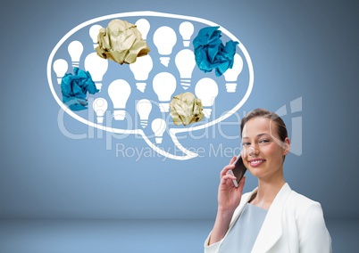 Man standing next to light bulbs chat bubble with crumpled paper balls