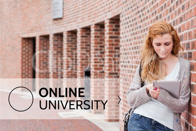 Education and online university text and woman looking at a tablet