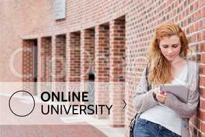 Education and online university text and woman looking at a tablet