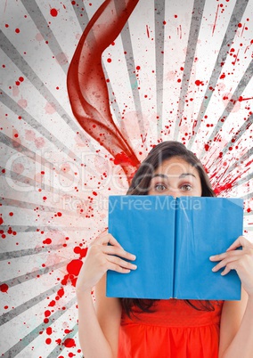 Young student woman holding a book against white and red splattered background
