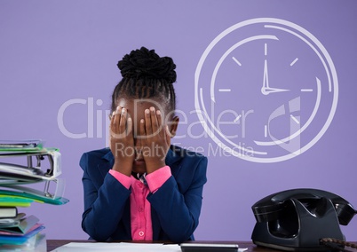 Office kid girl thinking against purple background with clock icon