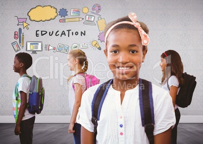 Group of kids with bags in room and education graphics