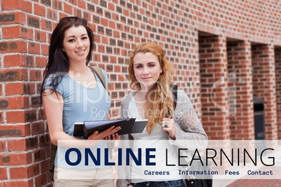 Education  and online learning text and women standing