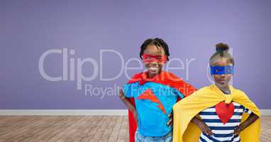 Superhero kids with purple wall