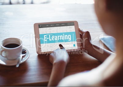 Woman using a tablet with E-Learning information in the screen