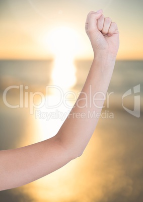 Arm posing in front of tranquil sea sunset