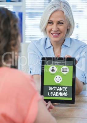 Woman holding a tablet with E-Learning information in the screen